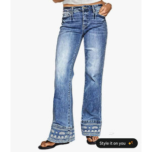 Flamingals Mid Rise Bootcut Jeans for Women with Embroidery Hem Stretchy Wash M